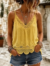 abordables Tops de Encaje-Mujer Top de empalme de encaje Tops de verano Cami Top Jacquard Ribete de encaje Encaje de ilusión Elegante Bohemia Activo Sin Mangas Escote en Pico Tops regulares Casual Blanco Amarillo Marrón Verde
