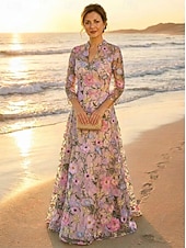 ieftine Lungimea podelei-Linia -A Rochii Lungime Podea Rochie de petrecere Rochie de Cocktail Rochie Mama Miresei Manșon Lung În V Elegant Epocă Luxos Oficial Invitat la nunta Petrecere Logodnă Dantelă Tulle cu Flori 3D