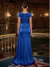 economico Abiti da sera a tubino-Sheath Column Floor Length Evening Gown Elegant Empire Waist Evening Half Sleeve Scalloped Neckline Wedding Formal Pocket Satin with Pleats Solid Color