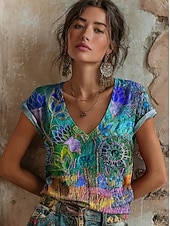 ieftine tricou floral-Pentru femei Tricou Imprimeu Floral Grafic Stilat Clasic Casual Manșon scurt În V Topuri obișnuite Casual Zilnic Albastru piscină Galben Roșu-aprins Mov Trifoi Vară Primăvară