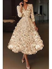preiswerte Cocktailkleider-A-Linie Tee-Länge Cocktailkleider Elegant Vintage Blumen Halbarm V Ausschnitt Hochzeit Formell Rosa Kleid Satin Spitze mit Stickerei Tasche