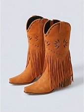 abordables Mujeres-Botas vaqueras de mujer estilo western con flecos, botas beige bordadas a media pantorrilla con tacón grueso para festivales de música al aire libre, conciertos country y fiestas bohemias.