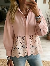 economico Bluse Semplici-Per donna Blusa Pizzo Bottoni Semplice Elegante Casual Manica Lunga Collo ripiegato Top Regolari Casuale Quotidiano Blu Rosa Estate Primavera