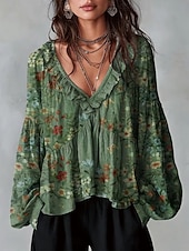 billige Blomstrete bluser-Dame Skjorte Tunika Drapering Nyanse Blomstret Grafisk Elegant Bohem Ferie Langermet V-hals Lange topper Avslappet Daglig Hvit Rosa Rød Grønn Sommer Vår