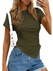 baratos Blusas Simples-Mulheres Camisa Social Blusa Franzido Côr Sólida Roupa de rua Diário Manga Curta Gola Redonda Tops curtos Casual Azul Claro Preto Branco Rosa Marron Verão Primavera