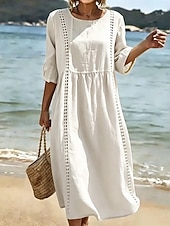  Mujer Vestido Midi Vestido de encaje vestido de playa Vestido informal Vestido de verano Básico Clásico Diario Vacaciones Holgado Plano Media Manga Cuello Barco Blanco Amarillo Verde Trébol Verano