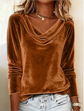 voordelige Effen t-shirt-Damesblouse van fluweel met colkraag en lange mouwen, elegante raglanmouwen, zachte velours, casual, chique tuniek.
