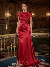 economico Abiti da sera a tubino-Sheath Column Floor Length Evening Gown Elegant Empire Waist Evening Half Sleeve Scalloped Neckline Wedding Formal Pocket Satin with Pleats Solid Color
