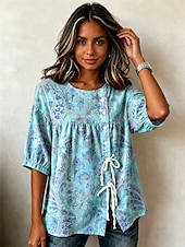 abordables Art &amp; Design Blouses-Femmes Chemisier Cordon de serrage Boutons Graphique Paisley Bohème Vacances ancien Manche 3/4 Col ras du cou Hauts Réguliers Occasionnel Bleu Orange Été Printemps