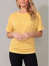 cheap Plain tee-Women's T Shirt Tee Top Ruched Plain Stylish Short Sleeve Batwing Sleeve Crew Neck Regular Tops Casual Daily Going out Black Yellow Pink Purple Green Summer Spring