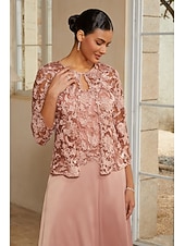 cheap Polished Edit-Women's A-Line 2-Piece Dress Sets Cocktail Dress Wedding Guest Dress Tea Length Crew Neck Sleeveless 3/4 Length Sleeve Illusion Sleeve Elegant Mother Of The Bride with Satin Lace Floral Combo Splicing