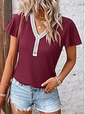  Mulheres Camiseta T-shirt Renda Patchwork Côr Sólida Elegante Moda Estilo bonito Manga Curta Mangas Evasê Decote V Tops regulares Casual Preto Rosa Vinho Azul Marinha Marron Verão Primavera