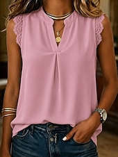  Women's Tank Top Lace Trim Plain Stylish Casual Sleeveless Stand Collar Regular Tops Casual Daily Khaki White Pink Green Summer Spring