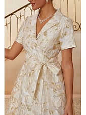preiswerte Polished Edit-Damen A-Linie Cocktailkleid Kleid für Hochzeitsgäste Knöchellänge Revers Kurzarm Empire-Taille Elegant Vintage Mutter der Braut Formell mit Jacquard Gürtel Blumig Champagner