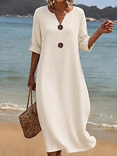 abordables Robe Simple-Femmes Robe maxi Robe Décontractée Robe d'été Basique Classique Quotidien Vacances Coupe Ample Uni Manche 3/4 Col en V Blanche Rose Claire Bleu Ciel Vert Été Printemps