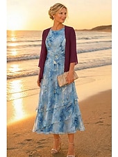 preiswerte Mamas Kleidersets-Zweiteilig A-Linie Knöchellänge Kleid für Hochzeitsgäste Brautmutterkleid Dreiviertelarm Rundausschnitt Elegant Einfach Lässig Formell Hochzeitsgast Familientreffen vereitelt Chiffon Mit Schal mit