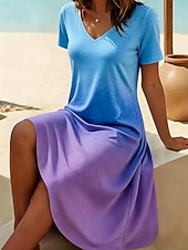 baratos Arte &amp; Design Vestido-Mulheres Vestido no Joelho Vestido T shirt Vestido A Line Férias Casual Boho Praia Normal Gráfico Cores Gradiente Manga Curta Decote V Azul Amarelo Rosa Verde Verão Primavera