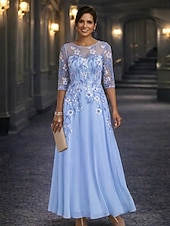 preiswerte Bodenlänge-A-Linie Bodenlang Spitzenkleid Brautmutterkleid Langarm Dreiviertelarm Rundhalsausschnitt Elegant Vintage Formell Hochzeitsgast Hochzeitsfeier Chiffon Spitze mit Stickerei Applikationen Blume