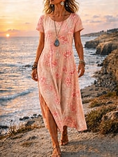  Damen Midikleid A Linie Kleid Lässig Strand Normale Passform Blumen Grafik Kurzarm Rundhalsausschnitt Blau Weiß Rosa Rote Sommer Frühling