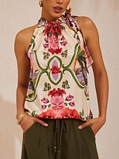 abordables Graphic Tank-Hawaii Palm Silky Satin Floral Top