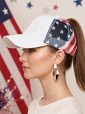 baratos Acessórios-Boné de beisebol feminino patriótico com abertura para rabo de cavalo, algodão lavado. &amp;Boné trucker ajustável em tela, boné de verão multicolorido com a bandeira dos EUA para o 4 de julho, boné para