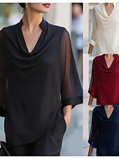  Women's Shirt Blouse Patchwork Solid Color Elegant Streetwear Daily 3/4 Length Sleeve V Neck Regular Tops Casual claret Black Navy Blue Apricot Summer Spring