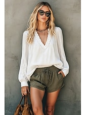  Blusa de mujer con volantes, cuello en V y mangas abullonadas, ligera, estilo bohemio, informal y elegante para verano.