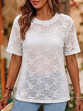  Mulheres Tops de renda Renda Com Transparência Floral Gráfico Elegante Moda Manga Curta Gola Redonda Tops regulares Casual Branco Preto Rosa Verão Primavera