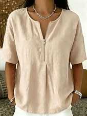  Mulheres Camisa Social Blusa Zíper Côr Sólida Elegante Férias Moda Manga Curta Colarinho de Camisa Tops regulares Casual Azul cor laranja Preto Rosa Vermelho Verão Primavera