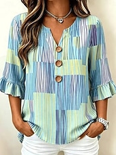  Damen Hemd Patchwork Knöpfe Druck Grafik Geometrisch Gestreift Vintage Stilvoll Dreiviertelarm V Ausschnitt Crop Tops Lässig Täglich Ferien Dunkelgrün Purpur Braun Grün Sommer Frühling