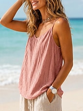  Mulheres Colete de algodão e linho Franzido Textura Côr Sólida Tecido Férias Vintage Sem Manga Decote V Tops curtos Casual cinza-azulado Preto Branco Vermelho Verde Verão Primavera