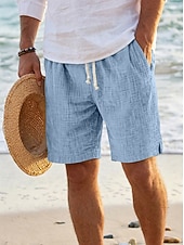 cheap Holiday-Men's Summer Shorts Beach Shorts Casual Shorts Drawstring Elastic Waist Solid Color Textured Comfort Breathable Above Knee Casual Daily Outdoor Fashion Retro Vintage Blue Khaki Inelastic