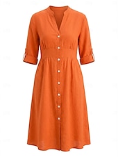 voordelige Jurken-Dames Knielengte jurk Jurken van katoen en linnen Shirtjurk Elegant Vakantie Klassiek Dagelijks Kantoor Vakantie Normale pasvorm Effen Lange mouw V-hals Rood Marineblauw Oranje Zomer Lente