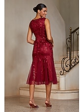 cheap Polished Edit-Women's Mermaid Trumpet Cocktail Dress Wedding Guest Dress Tea Length Boat Neck Sleeveless Elegant Vintage 1980s Mother Of The Bride Party Semi Formal with Mesh Glitter Embroidery Flared Tulle Hem