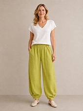 abordables Collection de Lin en Premium-Pantalon bloomer en lin pour femme, taille mi-haute, longueur cheville, poche, ceinture élastique, idéal pour les vacances