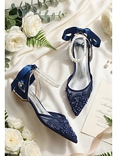 baratos Bruidsmeisje-Women's Navy Blue Wedding Flats - Pearl Ankle Strap Mesh Bridesmaid Shoes with Bow for Garden Wedding Guest