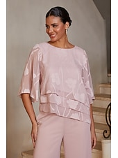 preiswerte Polished Edit-Damen Blusen Rundhalsausschnitt Halbarm Flattrige Ärmel Elegant Alltagstauglich Hochzeitsgast mit Burnout Blumig Stufenrüschensaum Rosa