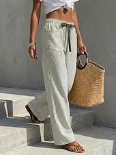 cheap Straight-Leg Pants-Women's Wide Leg Chinos Vacation Fashion Casual Daily Full Length Mid Waist Striped Comfort Inelastic Vacation Formal Blue Black Almond Red Summer Spring Loose Fit