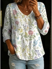 baratos Blusas Florais-Mulheres Camisa Social Franzido Botões Floral Gráfico Elegante Boêmia Férias Decote V Tops curtos Casual Branco Amarelo Castanho Claro Verão Primavera