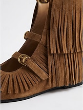 abordables Donne-Women's Brown Suede Festival Boots - Flat Boho Fringe Ankle Boots with Triple Buckle Straps for Coachella Rave &amp; Country Music Concert