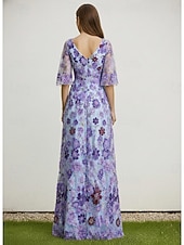 cheap Floor Length-A-Line Floor Length Mother of the Bride Dress Short Sleeve V Neck Elegant Vintage Luxurious Formal Wedding Guest Wedding Party Chiffon Lace with Floral Print 3D Flowers Embroidery
