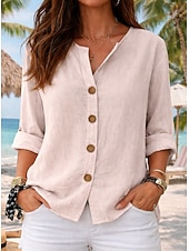 economico Camicie-Per donna Camicie di cotone e lino Blusa Bottoni Tinta unica Quotidiano Casual Manica 3/4 Scollo a V Top lunghi Quotidiano Spiaggia Nero Bianco Rosso Arancione Verde Estate Primavera Autunno