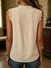  Women's Tank Top Lace Trim Plain Stylish Casual Sleeveless Stand Collar Regular Tops Casual Daily Khaki White Pink Green Summer Spring