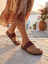 voordelige Slide Sandalen-Damessandalen met bordeauxrode metalen teenring – comfortabele slippers met voorgevormd voetbed voor platte voeten, ideaal voor op reis. &amp;zomerse vrijetijdskleding