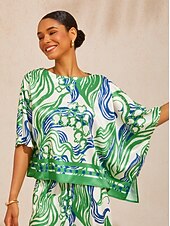 baratos camisas, tops e blusas-Top de cetim sedoso com estampa abstrata de flor em forma de sino