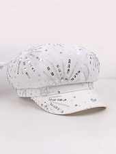 voordelige Dameshoeden-Zomerse pet met pailletten en sterrenmotief voor dames, gemaakt van ademend mesh. &amp;linnenmix, resort &amp;Platte reishoed, champagne goudbeige/wit/zwart, elegante dameshoed