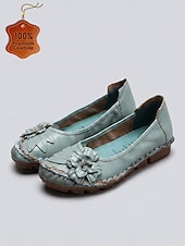 voordelige Platte damesschoenen-Dames ballerina's van premium rundleer in een brede pasvorm - handgemaakte comfortabele schoenen met 3D-bloemenapplicatie en gestikte afwerking, vintage instapschoenen voor casual gebruik, reizen en