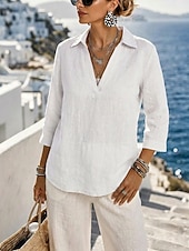  Per donna Cotone lavato Camicia di lino Testurizzato Vintage Manica 3/4 Colletto a Camicia Bianco Nero Rosa Primavera, Autunno, Inverno, Estate