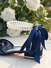 baratos Bruidsmeisje-Women's Navy Blue Wedding Flats - Pearl Ankle Strap Mesh Bridesmaid Shoes with Bow for Garden Wedding Guest