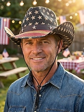  Patriotischer Western-Cowboyhut für Herren, Strohhut aus Polyester mit USA-Flagge und verstellbarem Kinnband, weiß-khakifarbener Sommerhut für Rodeo-Feiern am 4. Juli, dem amerikanischen